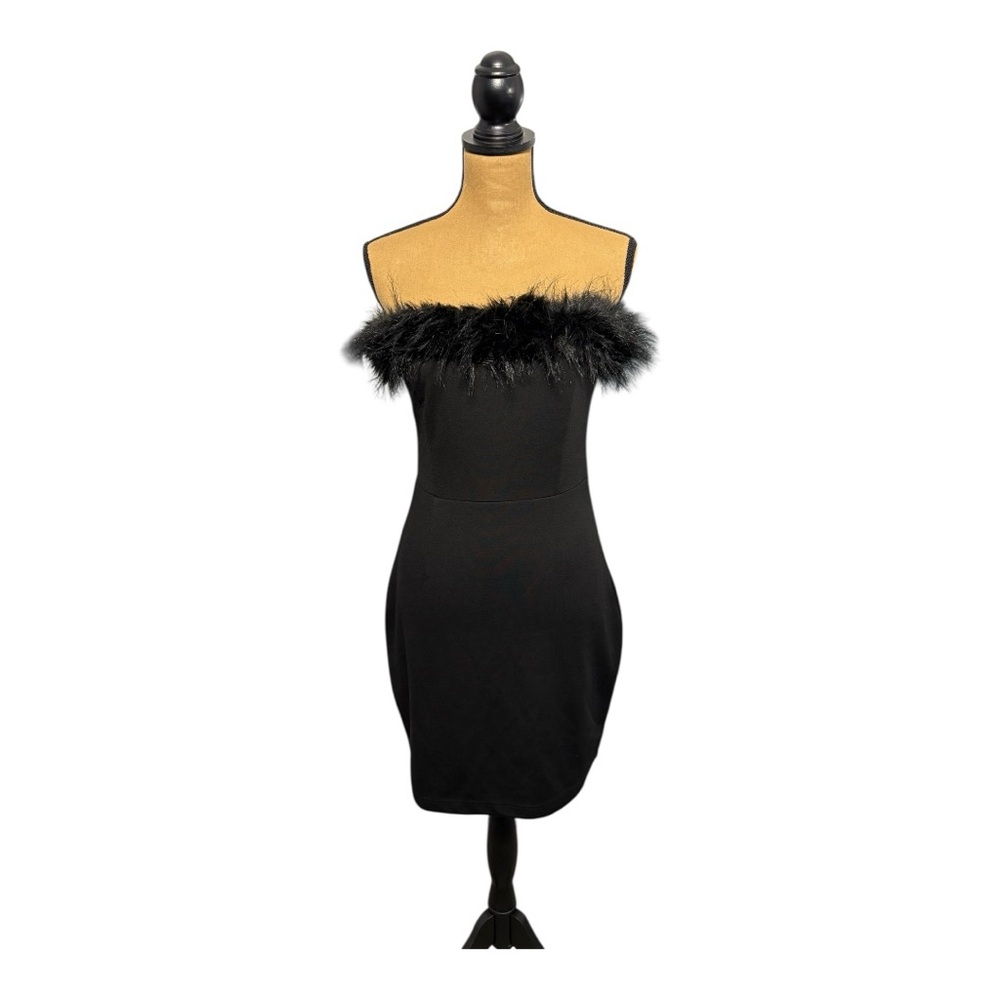 Y2K Venus Strapless Feather Trim Mini Cocktail Dress Women’s 8 Mob Wife Glam LBD